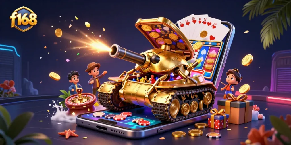 Experience thrilling gaming with the f168 tank casino, featuring vibrant slots and poker elements.
