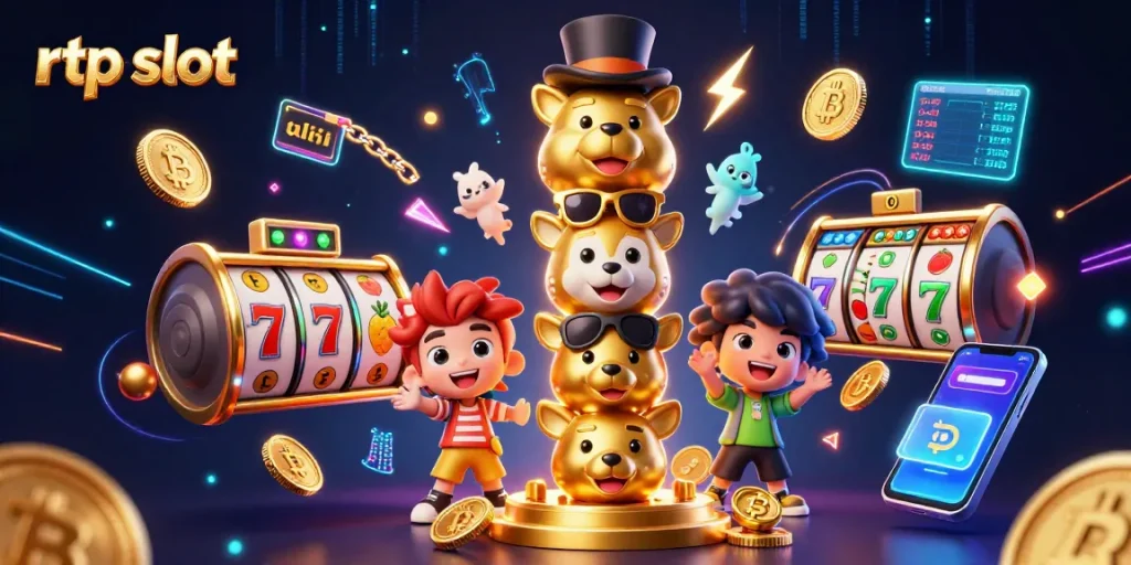 Engage with rtp slot dynamics featuring animated totem pole, vibrant casino elements, and glowing cryptocurrency icons.