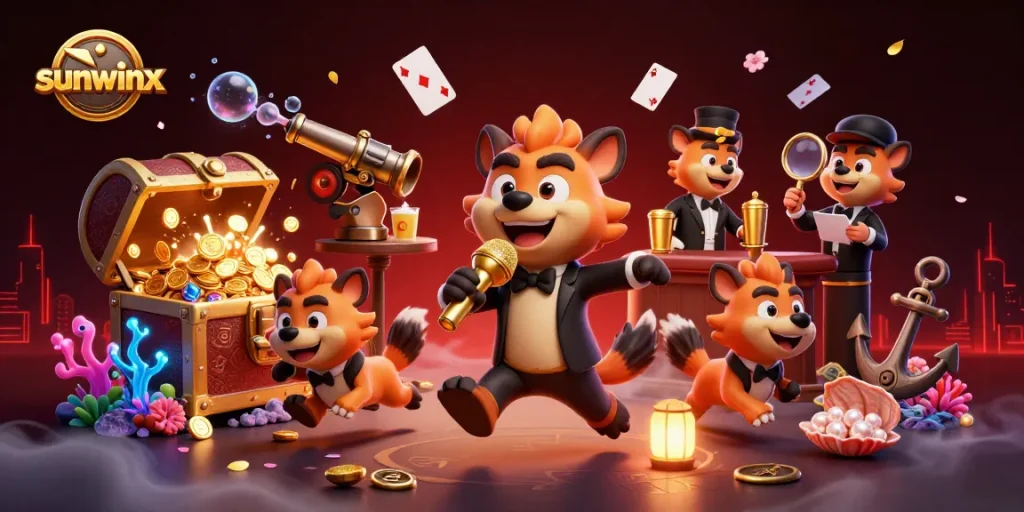 sunwinx invites players to laugh and win in a vibrant casino scene with hyena entertainers.