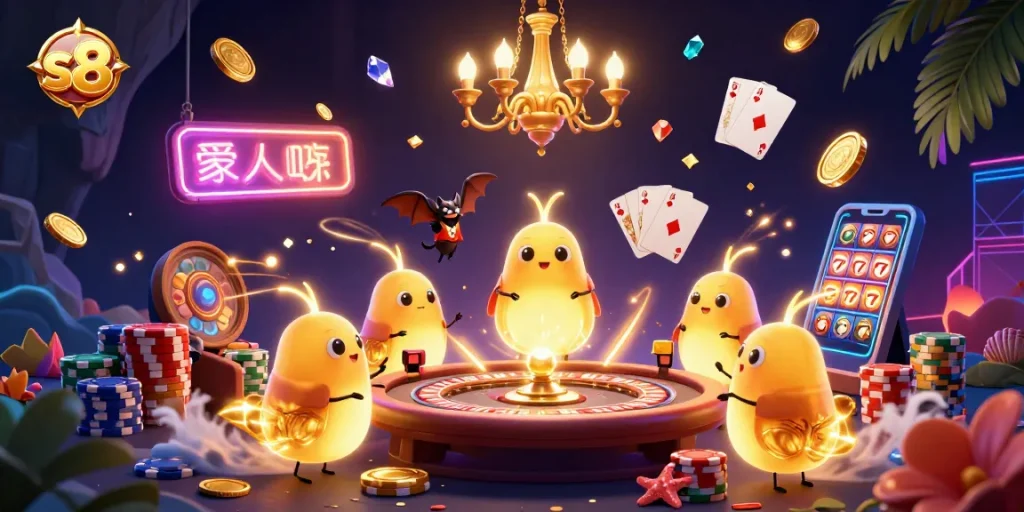 S8 platform illuminates a glowing casino scene with dazzling elements in 3D illustration.