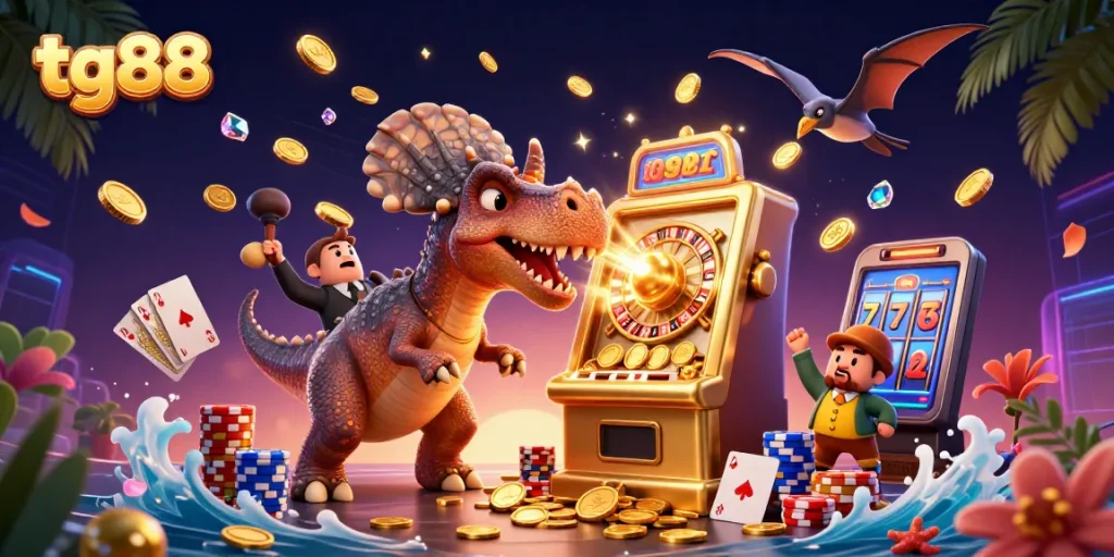Experience tg88’s thrilling jackpot with a pachycephalosaurus hitting a golden slot machine surrounded by riches.