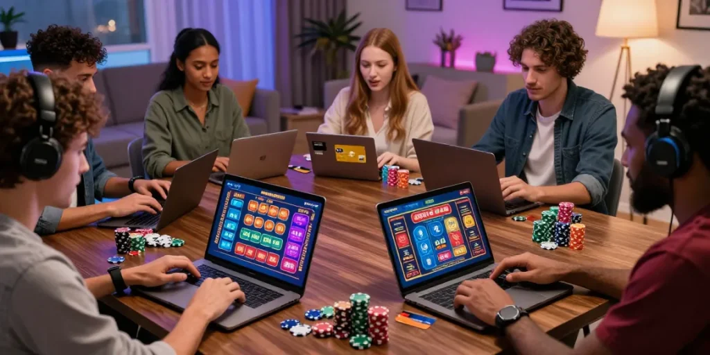 Players enjoying online casinos that accept credit cards in a lively home setting.