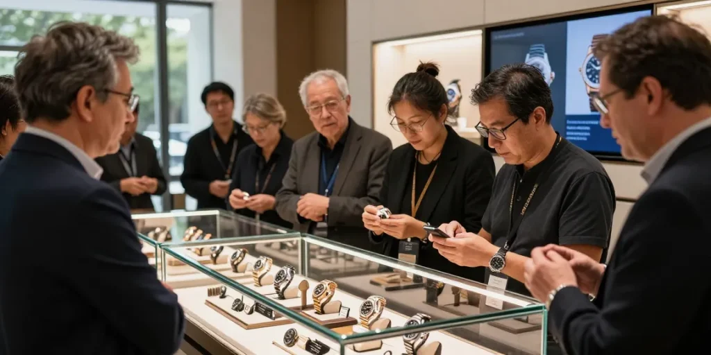 Group of watch enthusiasts discussing premium super clone watches in a sleek showroom.