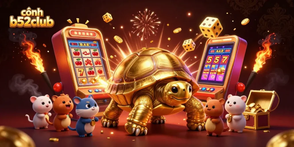 Experience thrilling wins at cổng b52club, where a golden tortoise pinball machine delights players in a dynamic casino scene.