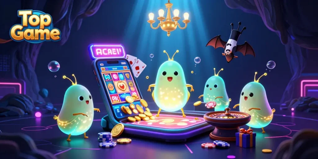 Engage with Top Game experiences among glowworms and a bat dealer in a vibrant casino scene.