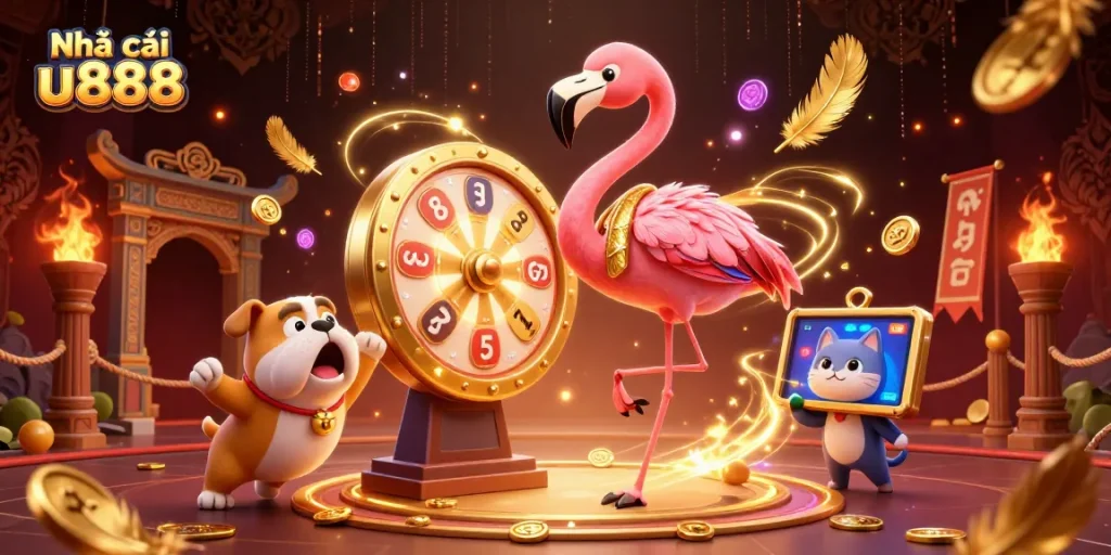Engaging scene of Nhà cái u888 featuring a flamingo host, bulldog contestant, and scoreboard cat assistant spinning a prize wheel.