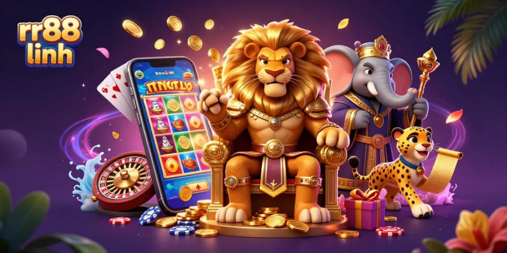 Experience the thrill of gaming at rr88 linh with a lion king on a gold coin throne.