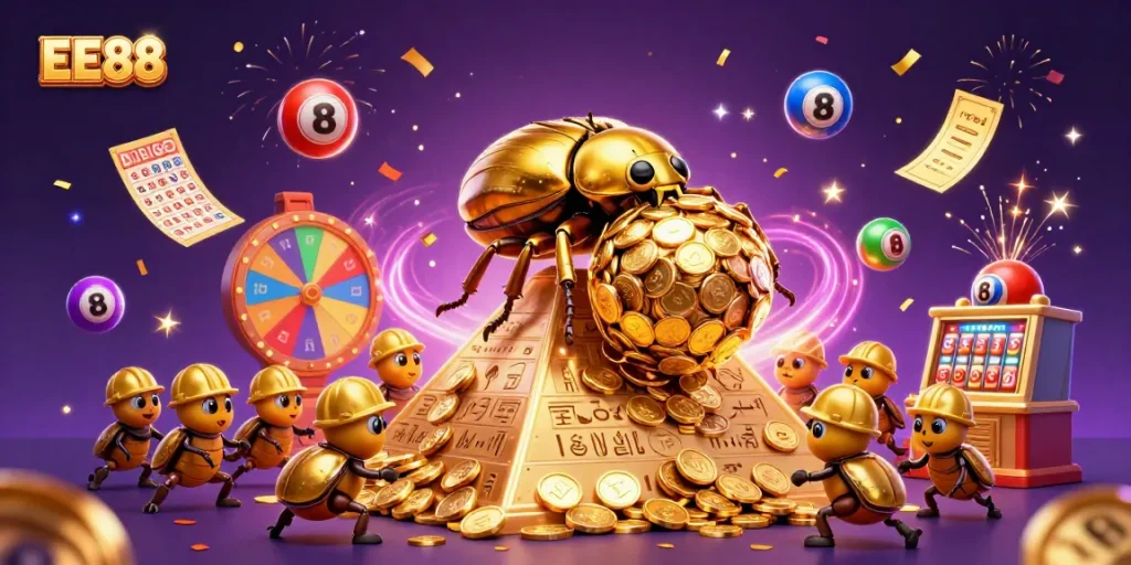 Experience thrilling gameplay with EE88's vibrant casino scene showcasing lottery excitement and golden rewards.