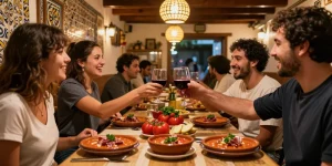 Friends enjoying the best salmorejo near me in a cozy Spanish tapas bar, warm inviting atmosphere.