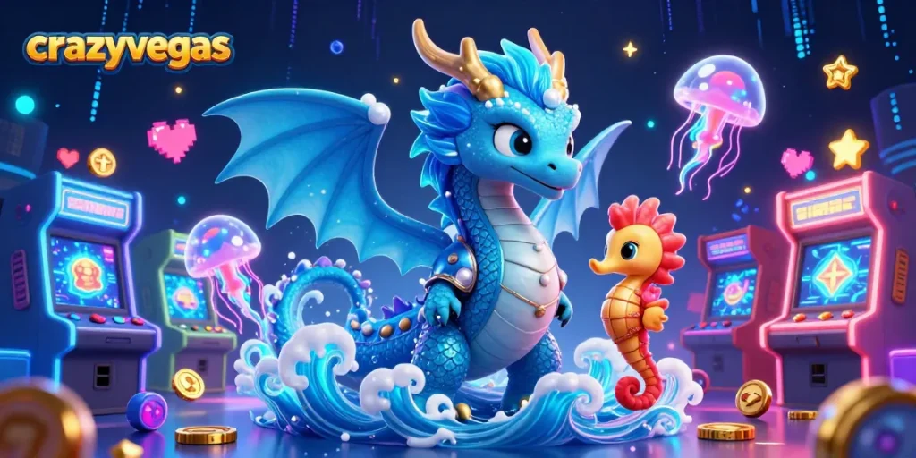 Spin to win at crazyvegas with an azure water dragon surrounded by neon jellyfish and vibrant arcade elements.